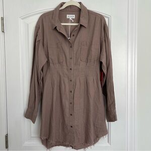 Risen Taupe Shirt Dress Linen Blend Long Sleeve Button Down Raw Hem